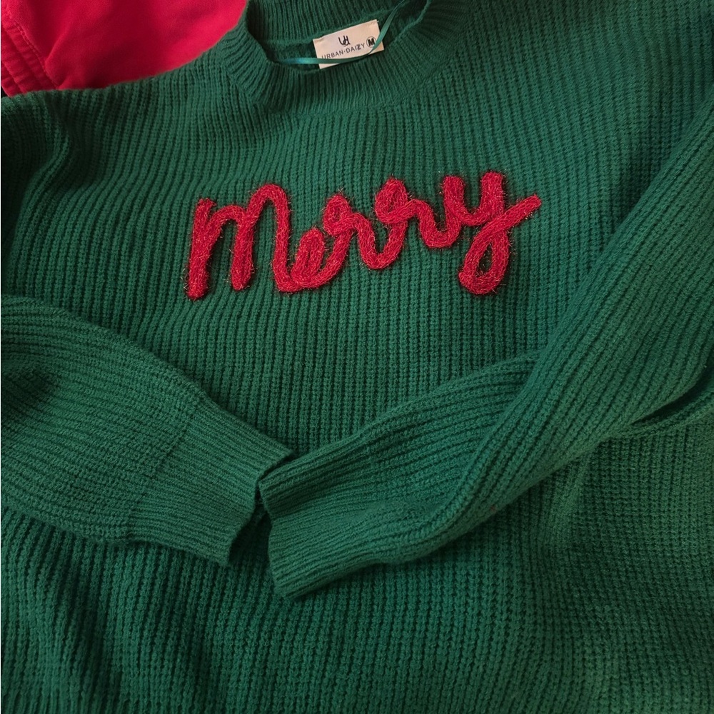 Green Crewneck Sweater with Red 'Merry' Appliqué